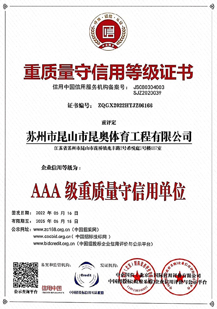 重質量守信用等級證書